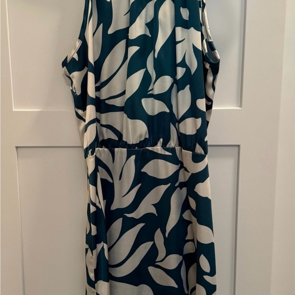 Elegant Teal and White Satin Leaf Print Dress